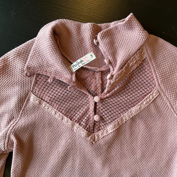 Free People Victorian High Collar Lace and Mesh Dusty Rose Long Sleeve Shirt - Picture 6 of 7